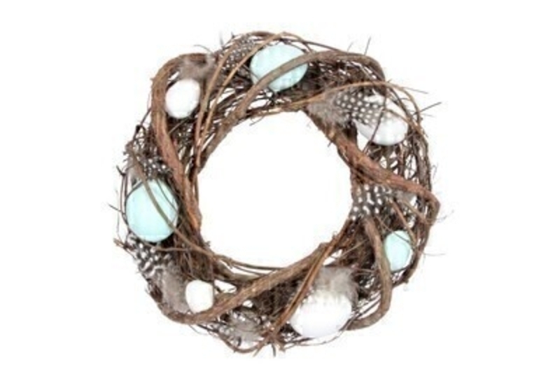 Easter twig wreath with artifical blue and white eggs and feathers.  This nest design comes from designer Gisela Graham who makes unique Easter gifts.  Would make a lovely Easter gift.